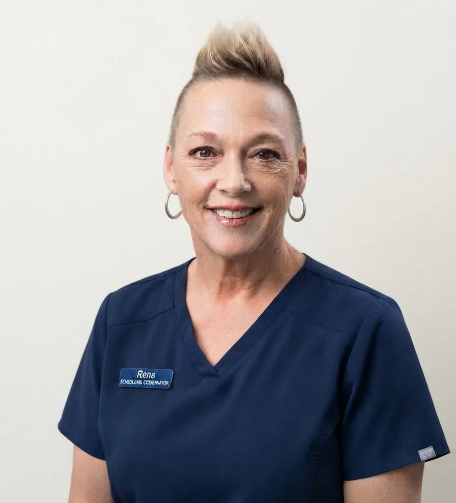 Rene, scheduling coordinator at Apex Dental, wearing navy scrubs